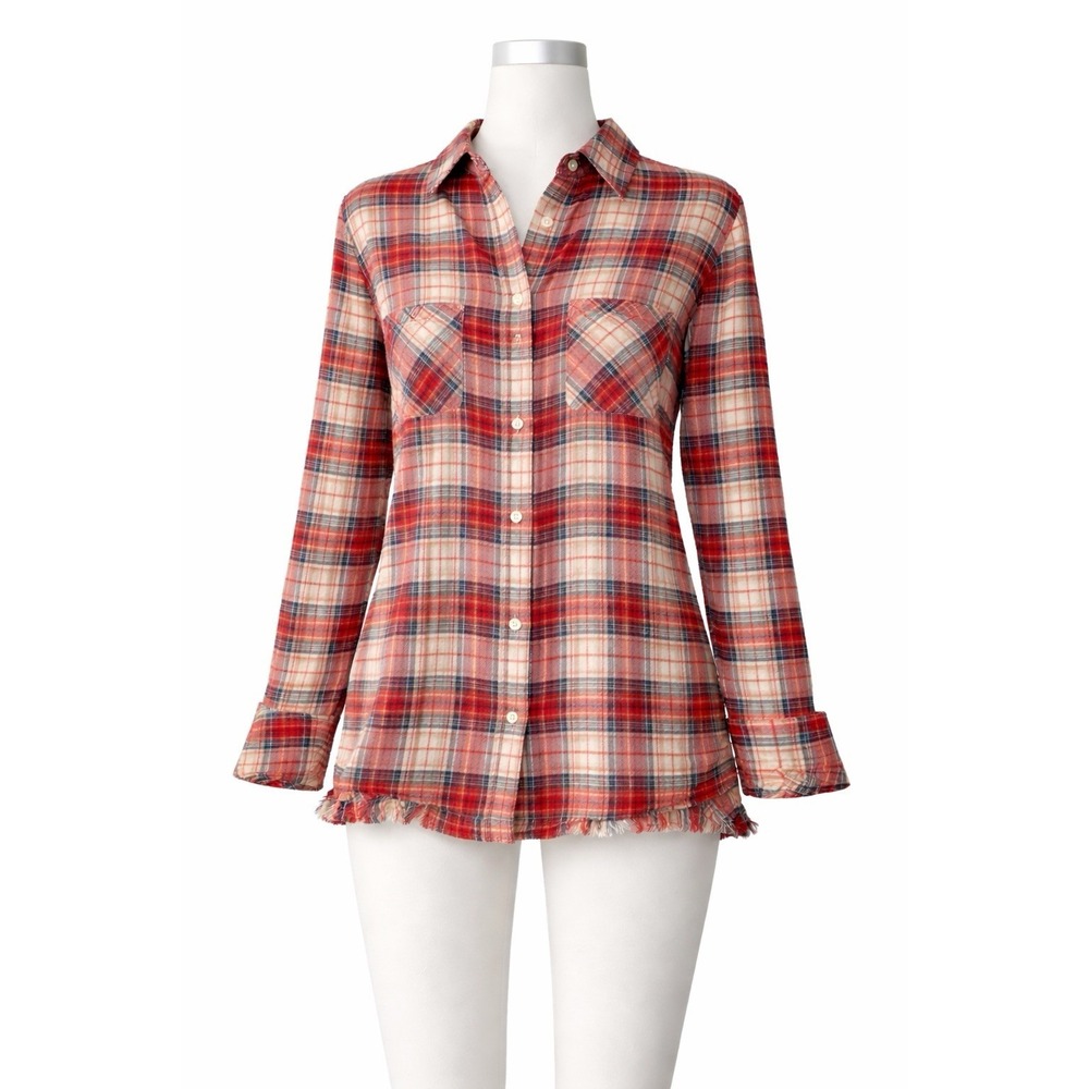 FREE PEOPLE SIZE M PLAID FLANNEL BUTTON UP SIDE SLITS & CUFFS w/ SNAPS RED DISTR